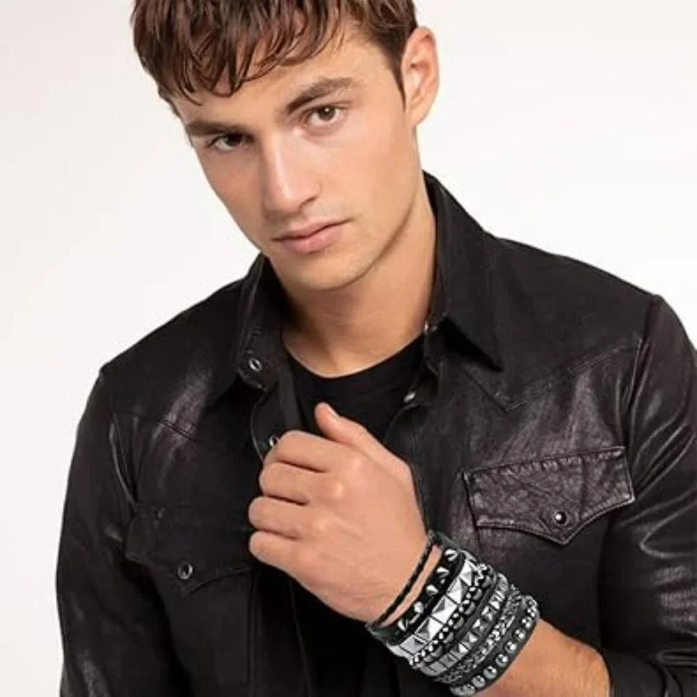 4 Pcs Punk Rock Leather Studded Bracelets for Men Women Gothic Spike‎ Cuff Set